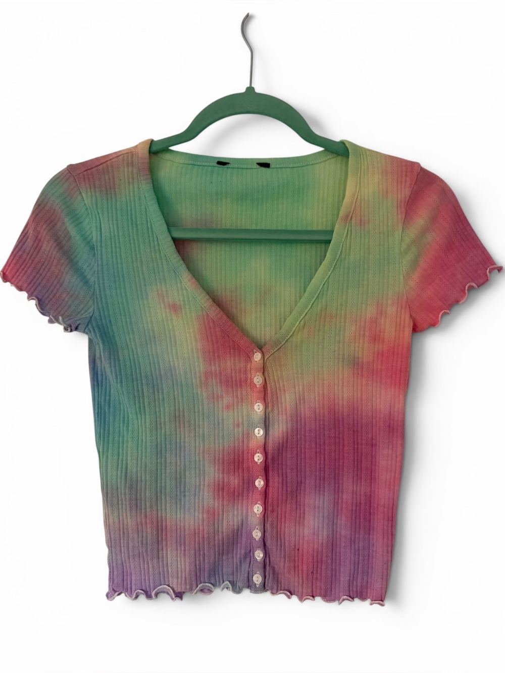 Tie-Dye Ribbed Button-Front Crop Top